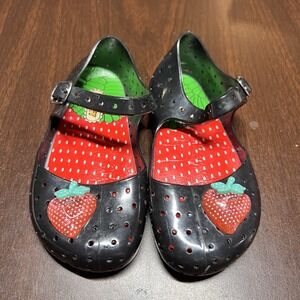 Vtg Happy Jelly Shoes Toddler *Sz 6-see details* Black Strawberry Mary Jane Y2K